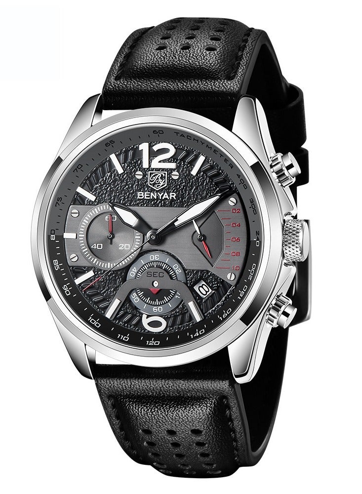 Watches for Men Luxury Quartz Water Resistant Watch Men's Chronograph Genuine Leather Strap 5171 Black