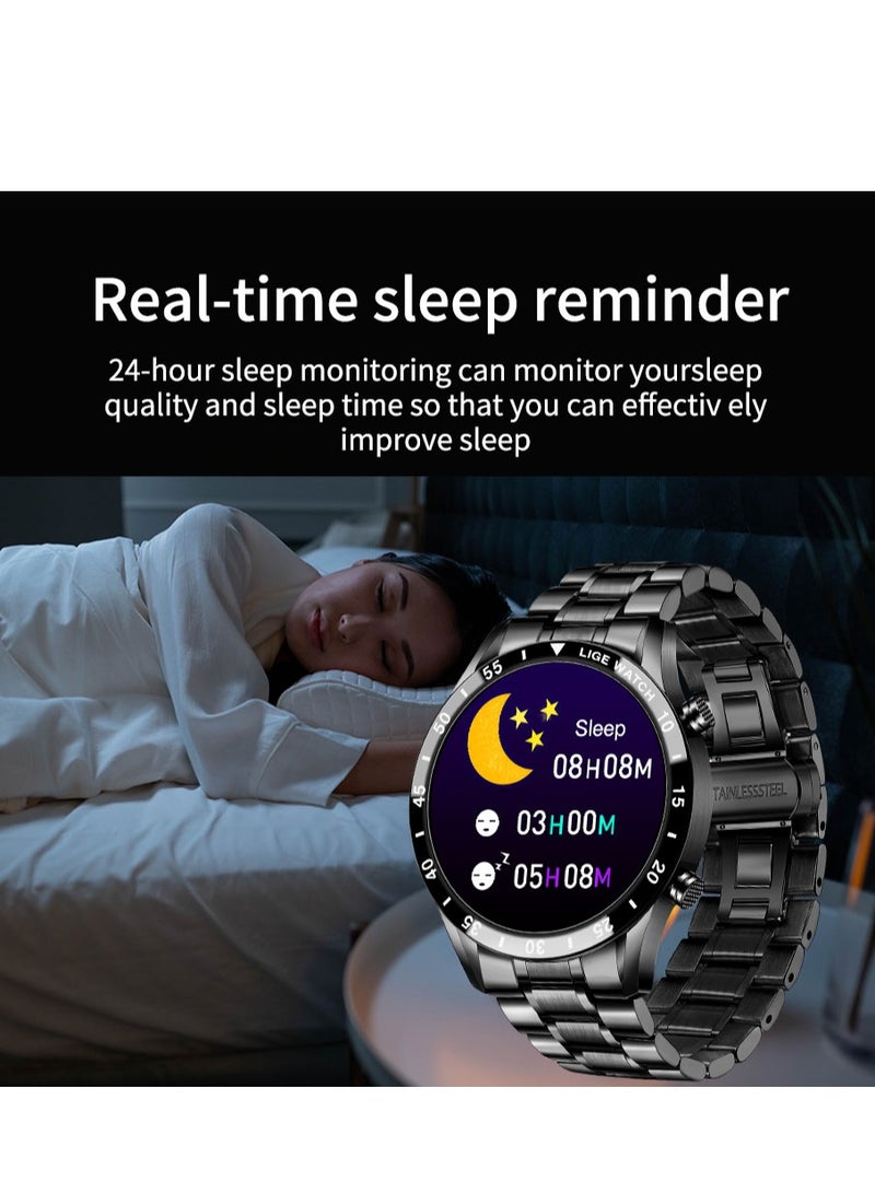 Bluetooth Call Men Smart Watch Full Touch Screen Multi-Function Sports Watches IP67 Waterproof with Silver Steel Strap