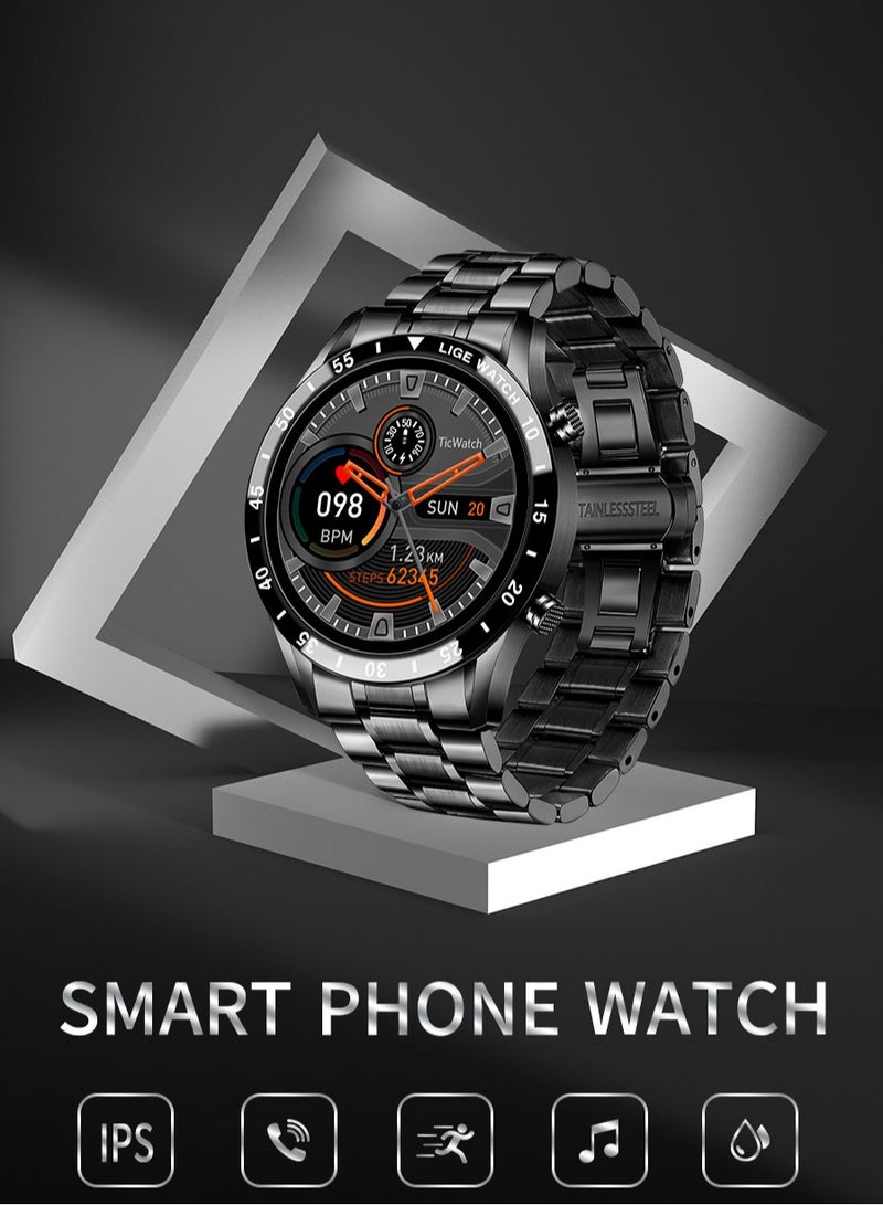 Bluetooth Call Men Smart Watch Full Touch Screen Multi-Function Sports Watches IP67 Waterproof with Silver Steel Strap