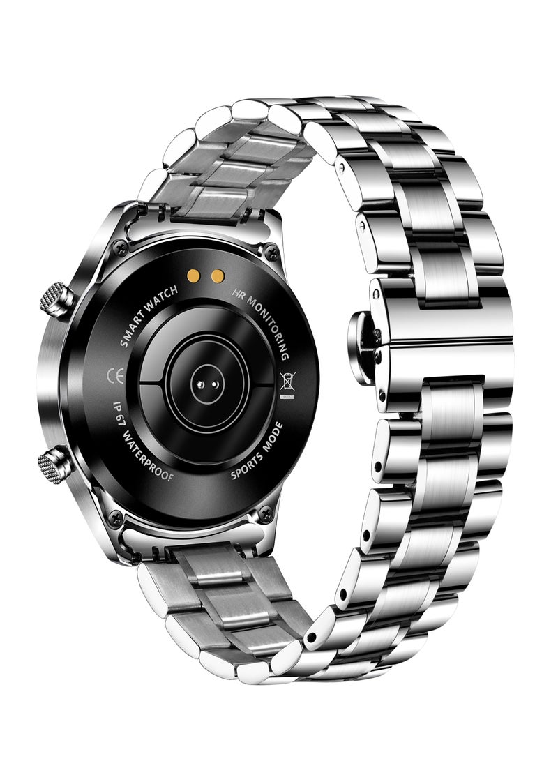 Bluetooth Call Men Smart Watch Full Touch Screen Multi-Function Sports Watches IP67 Waterproof with Silver Steel Strap