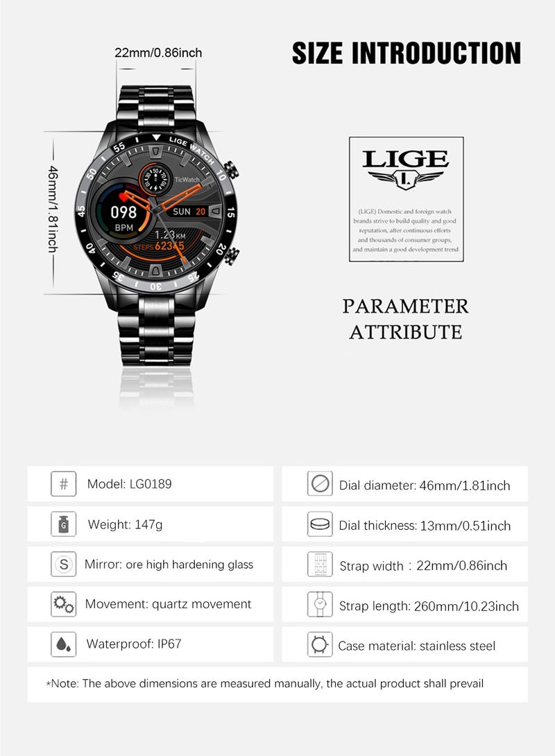 Bluetooth Call Men Smart Watch Full Touch Screen Multi-Function Sports Watches IP67 Waterproof with Silver Steel Strap