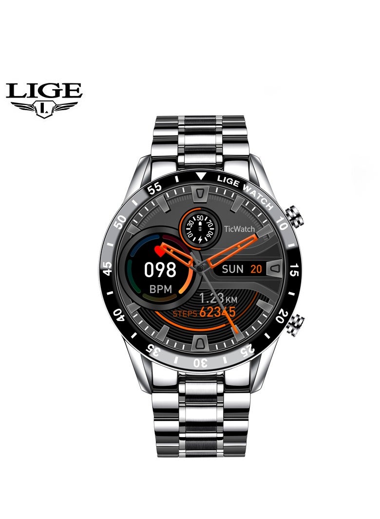 Bluetooth Call Men Smart Watch Full Touch Screen Multi-Function Sports Watches IP67 Waterproof with Silver Steel Strap
