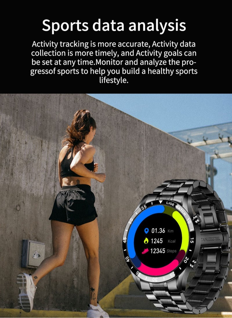 Bluetooth Call Men Smart Watch Full Touch Screen Multi-Function Sports Watches IP67 Waterproof with Silver Steel Strap