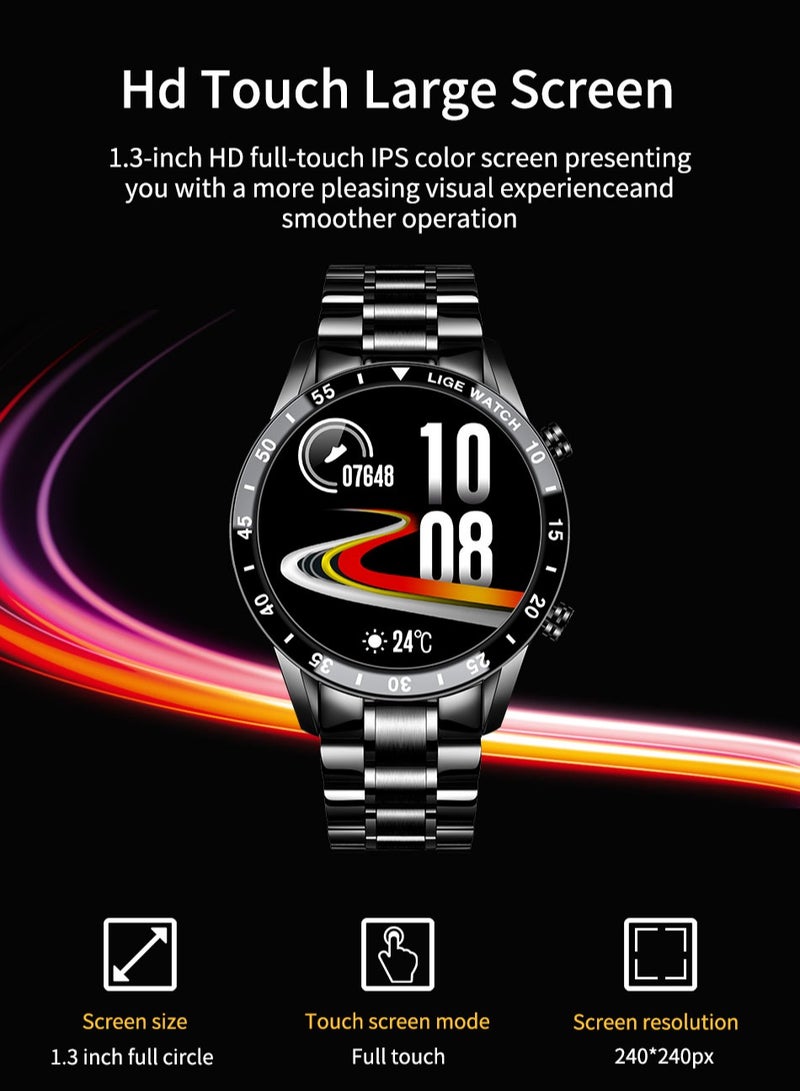Bluetooth Call Men Smart Watch Full Touch Screen Multi-Function Sports Watches IP67 Waterproof with Silver Steel Strap