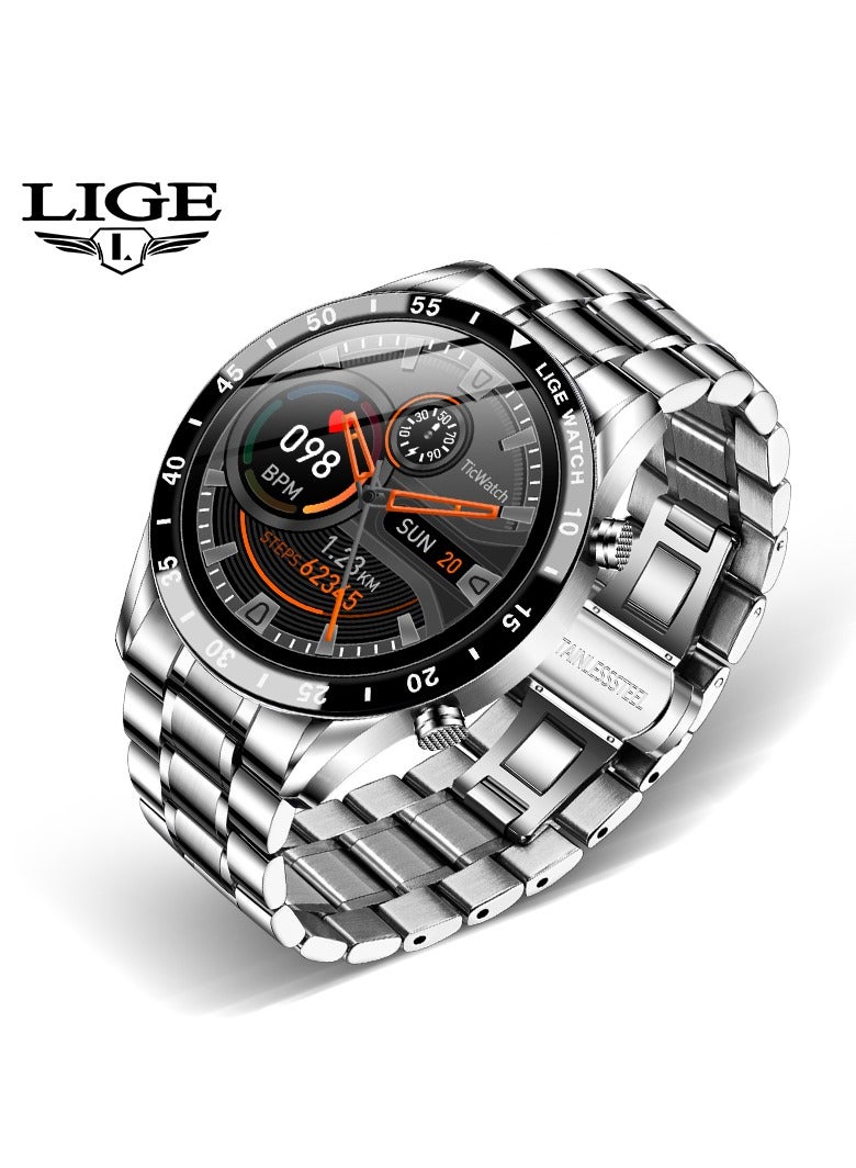 Bluetooth Call Men Smart Watch Full Touch Screen Multi-Function Sports Watches IP67 Waterproof with Silver Steel Strap