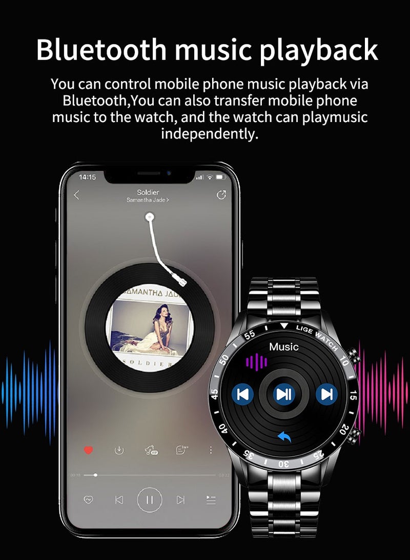Bluetooth Call Men Smart Watch Full Touch Screen Multi-Function Sports Watches IP67 Waterproof with Silver Steel Strap