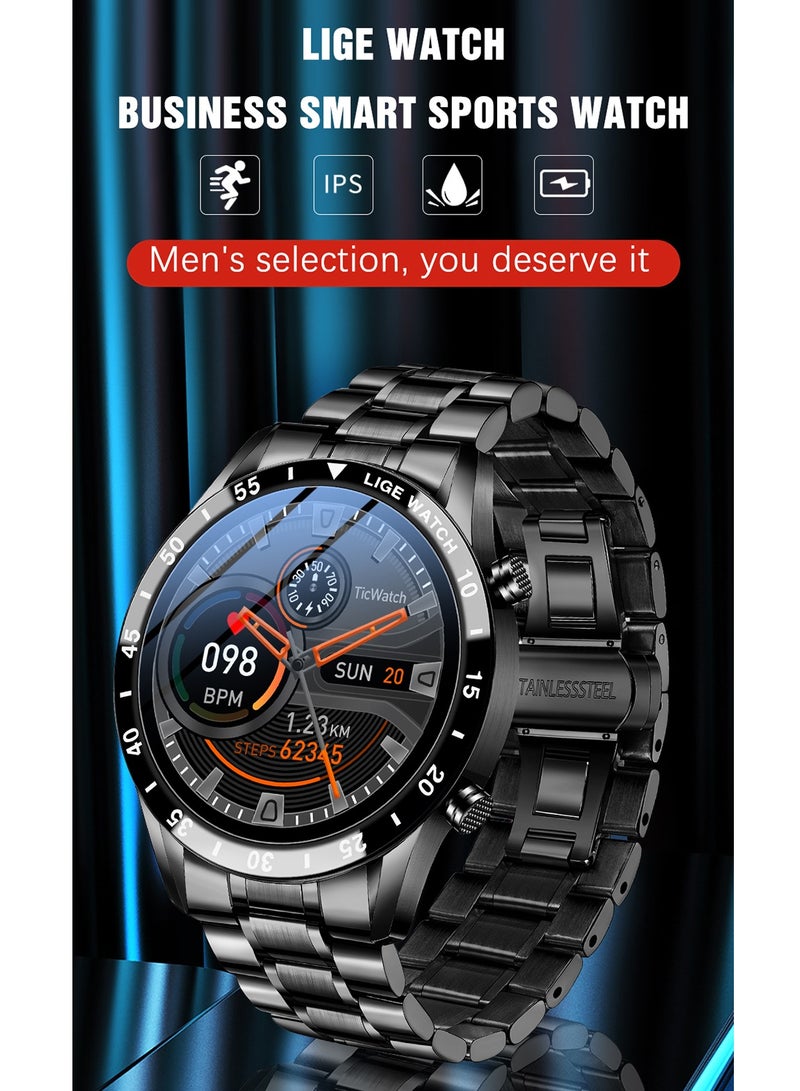 Bluetooth Call Men Smart Watch Full Touch Screen Multi-Function Sports Watches IP67 Waterproof with Silver Steel Strap
