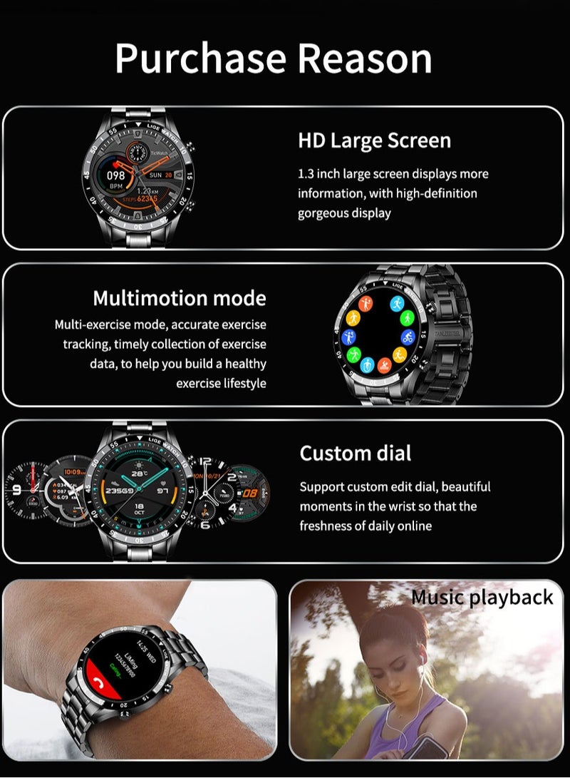 Bluetooth Call Men Smart Watch Full Touch Screen Multi-Function Sports Watches IP67 Waterproof with Silver Steel Strap