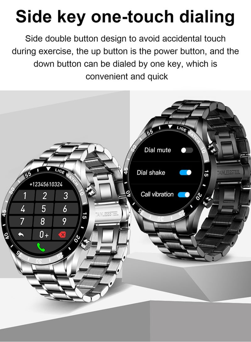 Bluetooth Call Men Smart Watch Full Touch Screen Multi-Function Sports Watches IP67 Waterproof with Silver Steel Strap