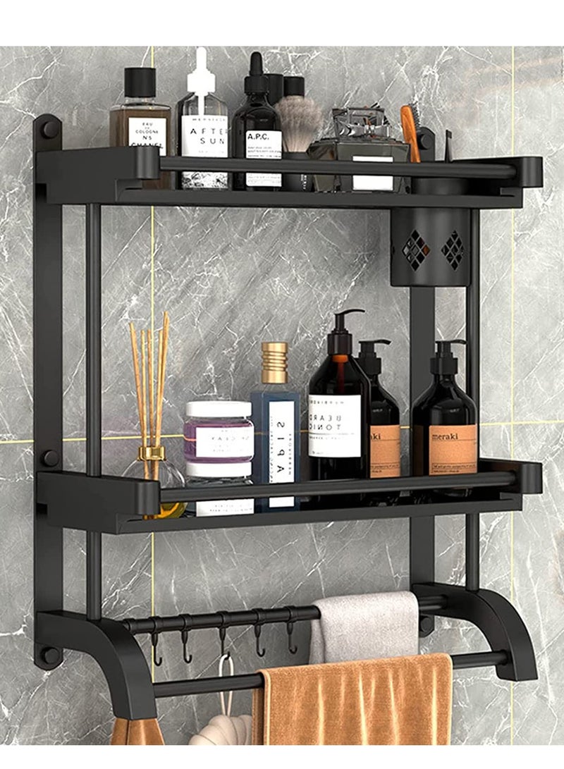 2 Tier Bathroom Shelf with Towel Bars, Wall Mounted Bathroom Shelf, Shower Storage Rack with Brush Holder, Storage Organizer Shelf with cup holder for Bathroom, Kitchen