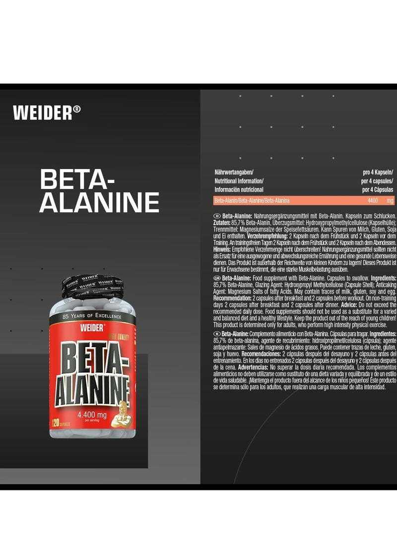 Beta-Alanine Capsules 4.400mg Per Serving Supports Endurance, Reduces Fatigue And Enhances Athletic Performance - 120 Capsules