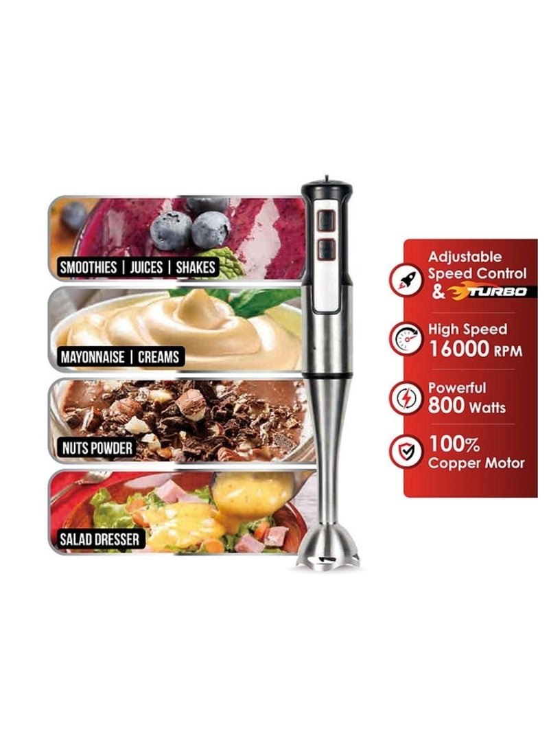 Stick Blender 800W Powerful Copper Motor, Hand Blender with 16000RPM Speed Control, Multi-Speed Immersion Blender, Stainless Steel Hand Mixer for Smoothies, Soups & Purees