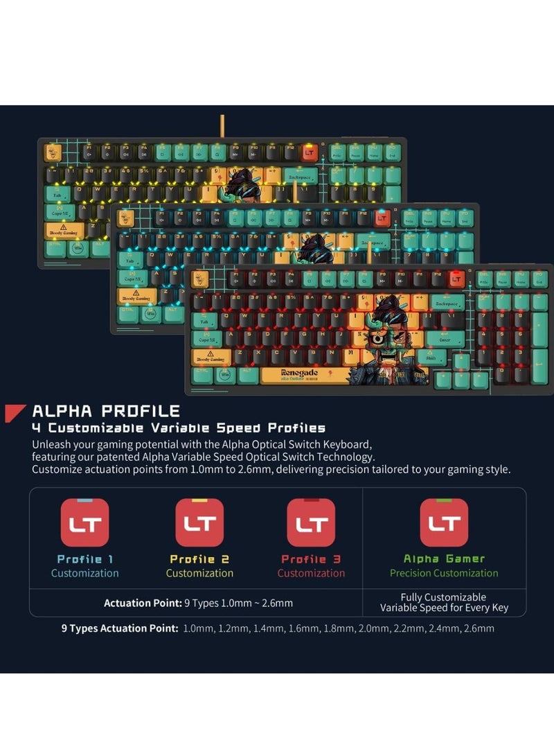Alpha Optical Switch Performance Gaming Keyboard AT98, Adjustable Actuation Point, Gaming PBT Keycaps, 7 RGB Backlit Effects, Stealth Quiet Typing, Renegade Design