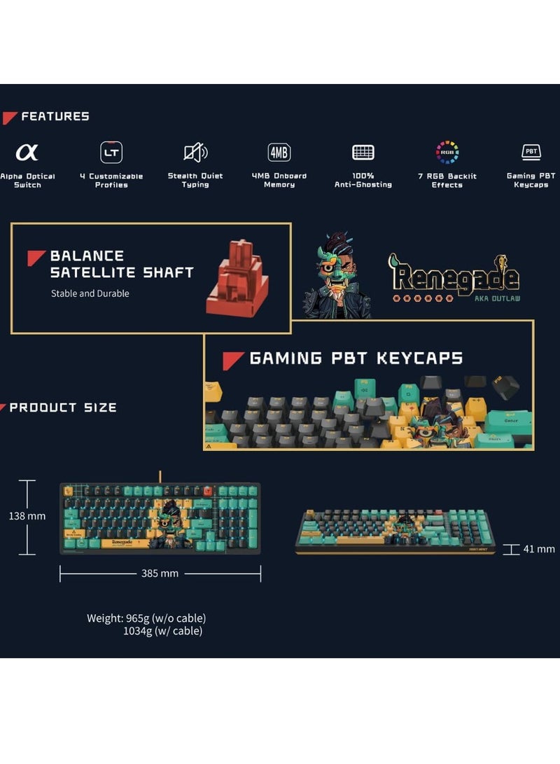 Alpha Optical Switch Performance Gaming Keyboard AT98, Adjustable Actuation Point, Gaming PBT Keycaps, 7 RGB Backlit Effects, Stealth Quiet Typing, Renegade Design