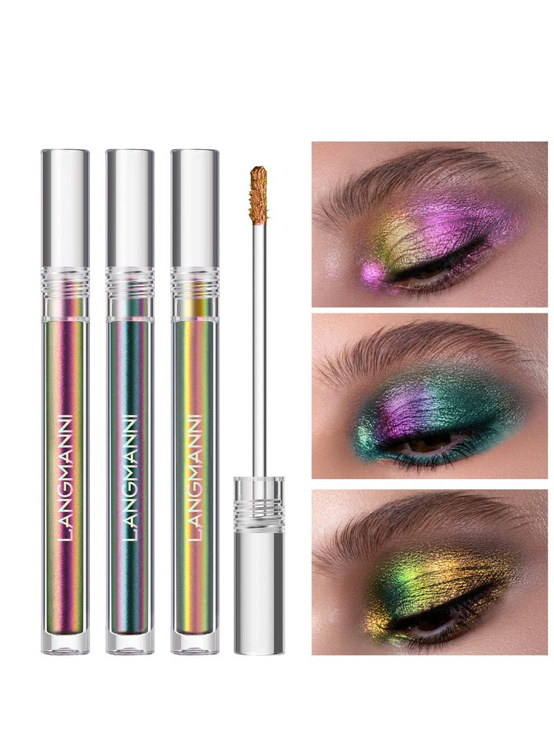 3 Pcs Multicolor Eyeshadow, 3 Color Metallic Liquid Chameleon Eyeshadow Multidimensional Eye Makeup Long Lasting Holographic Glitter Waterproof and Long Lasting Crease-Free Eyeshadow Makeup Gift Set