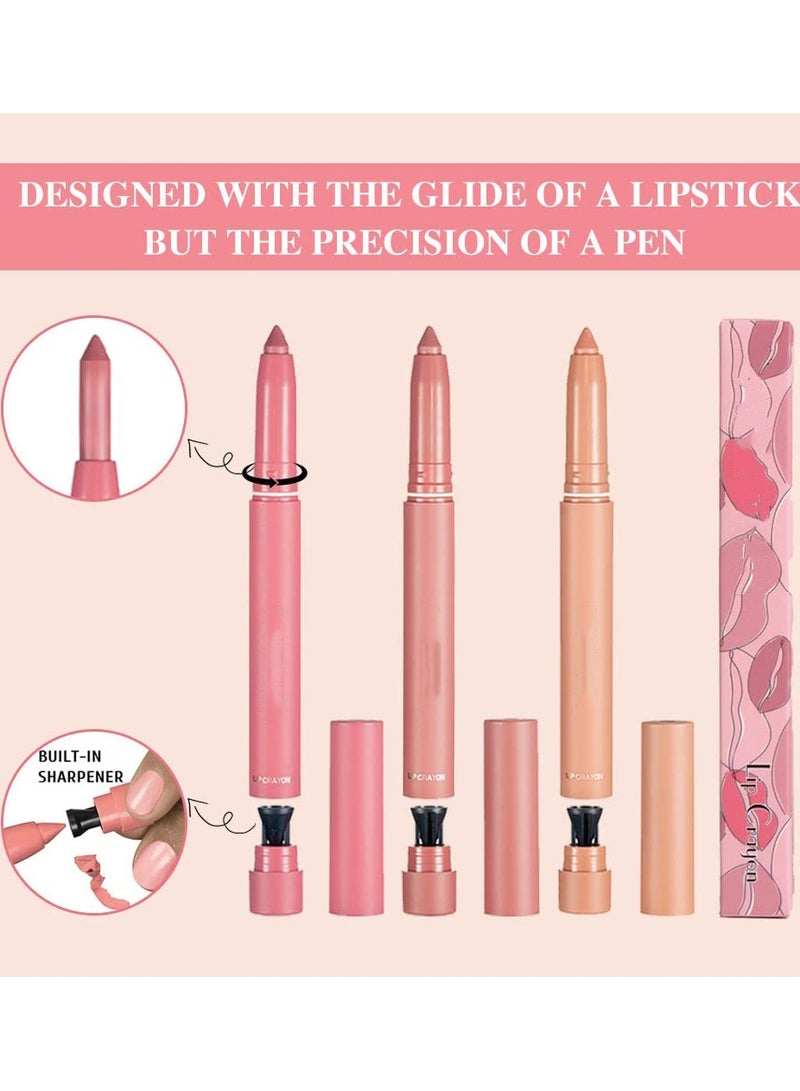 Waterproof Crayon Matt Nude Lipstick, Lipliner Pack Set with Built in Sharpener Matte, Lipliner Pencil Collection Ultimate, Nourishing Buildable Velvet Lip Crayon Lip Liner, 3 Colors