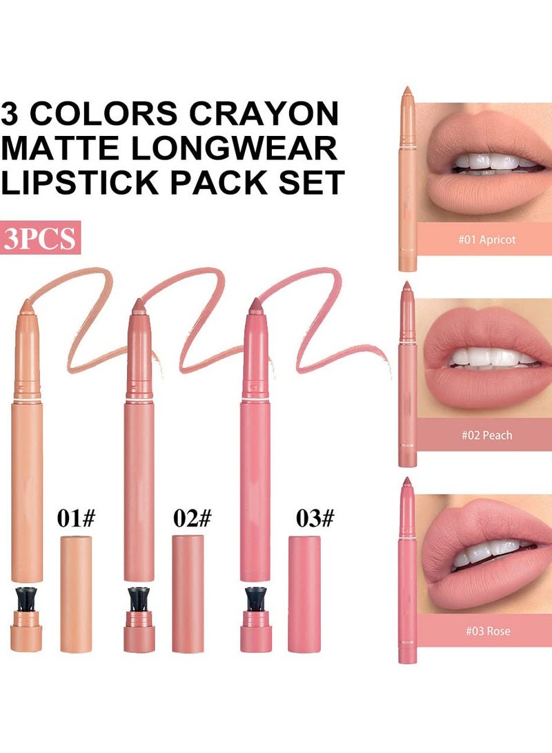 Waterproof Crayon Matt Nude Lipstick, Lipliner Pack Set with Built in Sharpener Matte, Lipliner Pencil Collection Ultimate, Nourishing Buildable Velvet Lip Crayon Lip Liner, 3 Colors
