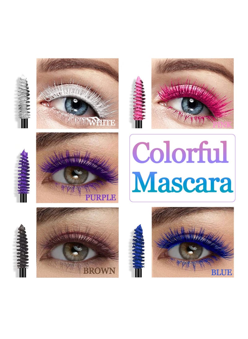 Colored Eyelash Mascara Set, 5 Colors Colorful Waterproof Rainbow Fiber Eyelashes Long Lasting Thick Volume Eye Lash for Women Cruelty Free Vegan Natural Makeup All Day