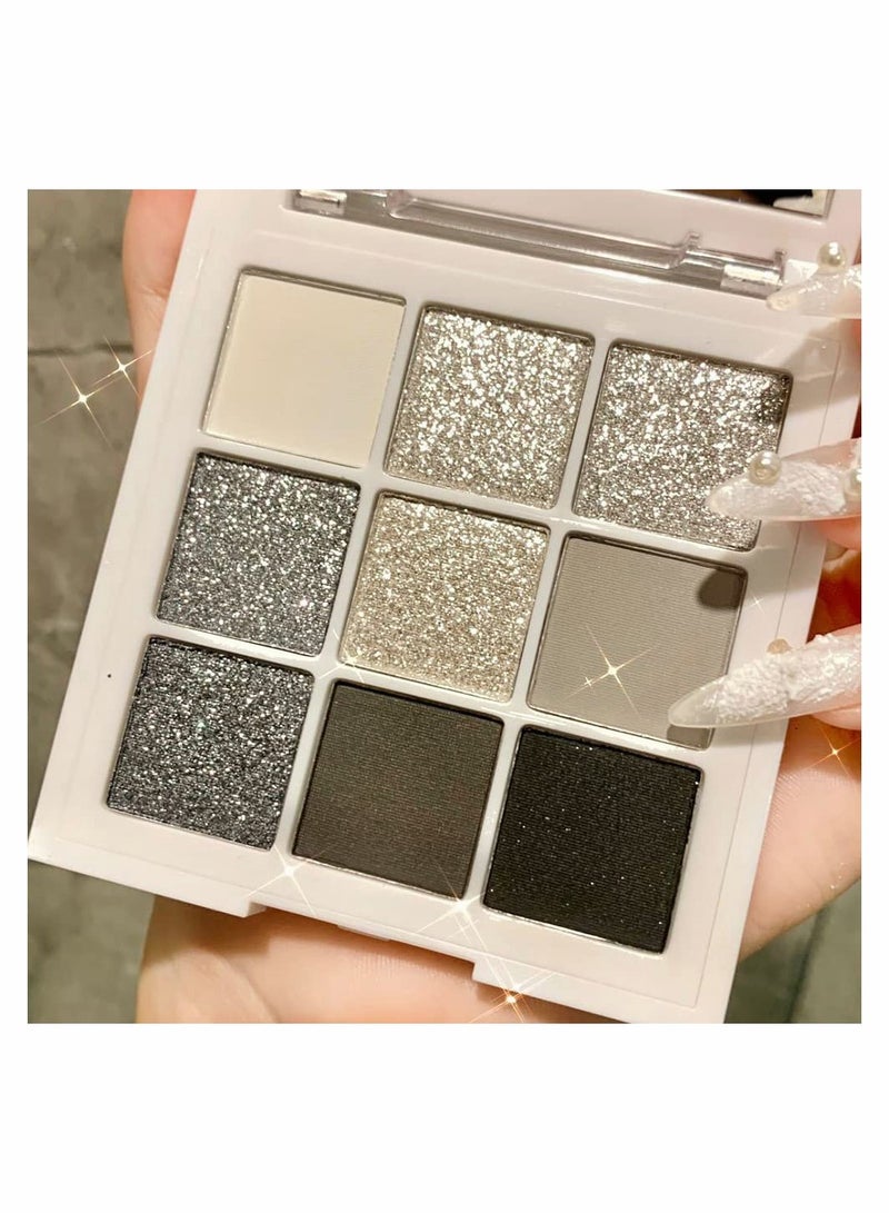 Black White Smokey Eyeshadow Palette, 9 Colors Matte Glitter Eyeshadow Makeup Palette Silver Gray Eye Shadow for Girls and Women, with Prism Mirror