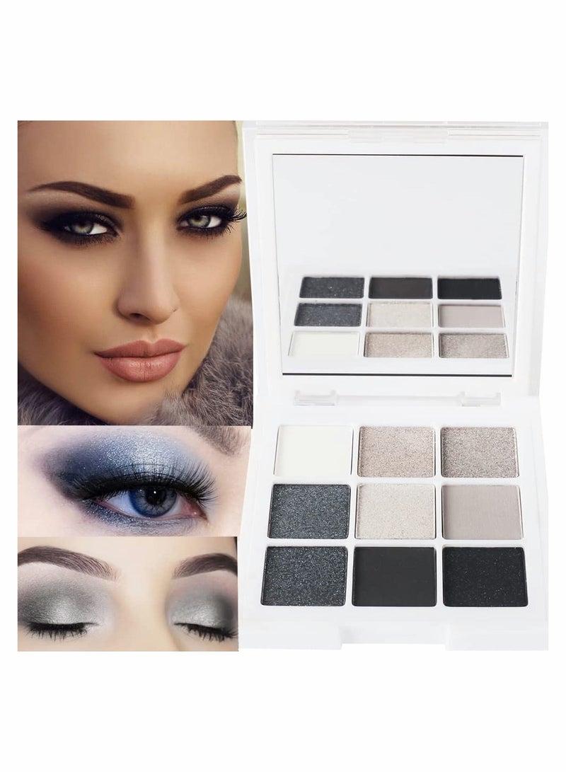 Black White Smokey Eyeshadow Palette, 9 Colors Matte Glitter Eyeshadow Makeup Palette Silver Gray Eye Shadow for Girls and Women, with Prism Mirror