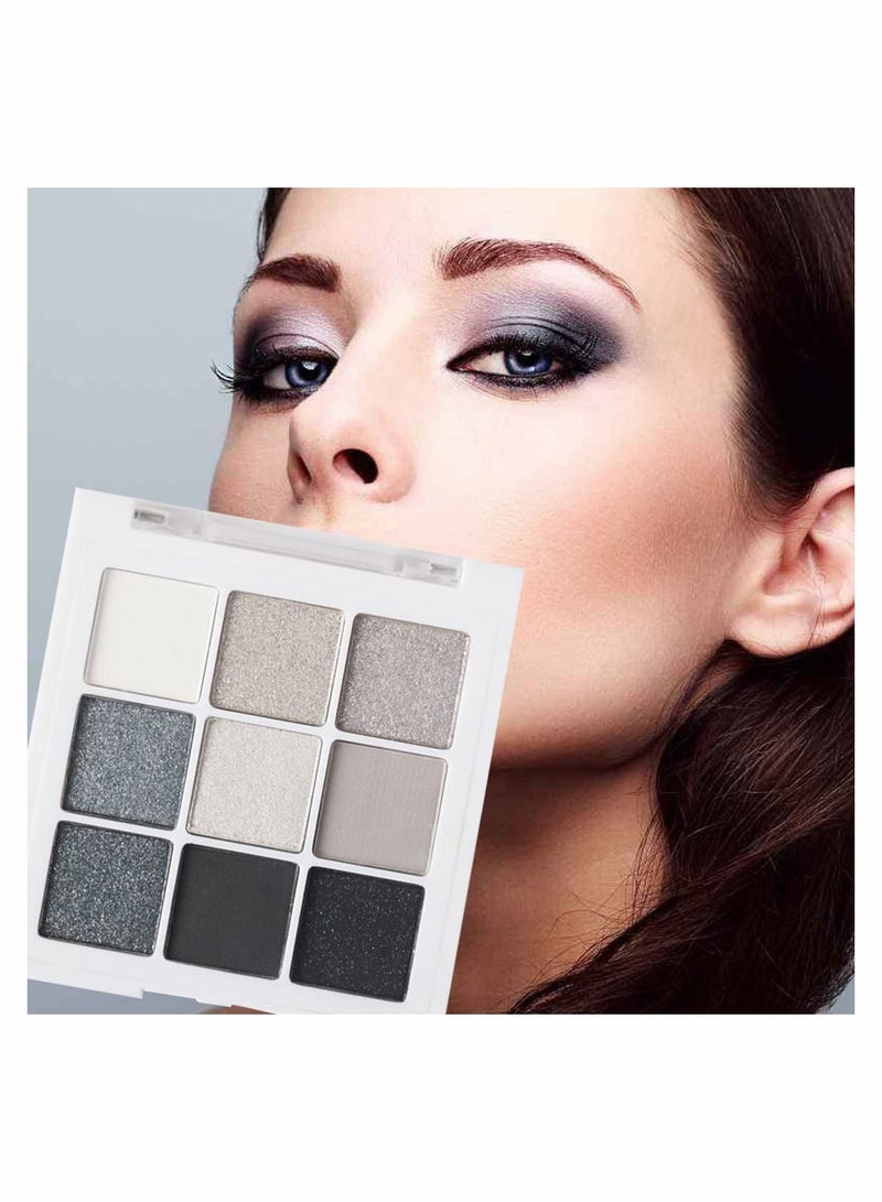 Black White Smokey Eyeshadow Palette, 9 Colors Matte Glitter Eyeshadow Makeup Palette Silver Gray Eye Shadow for Girls and Women, with Prism Mirror