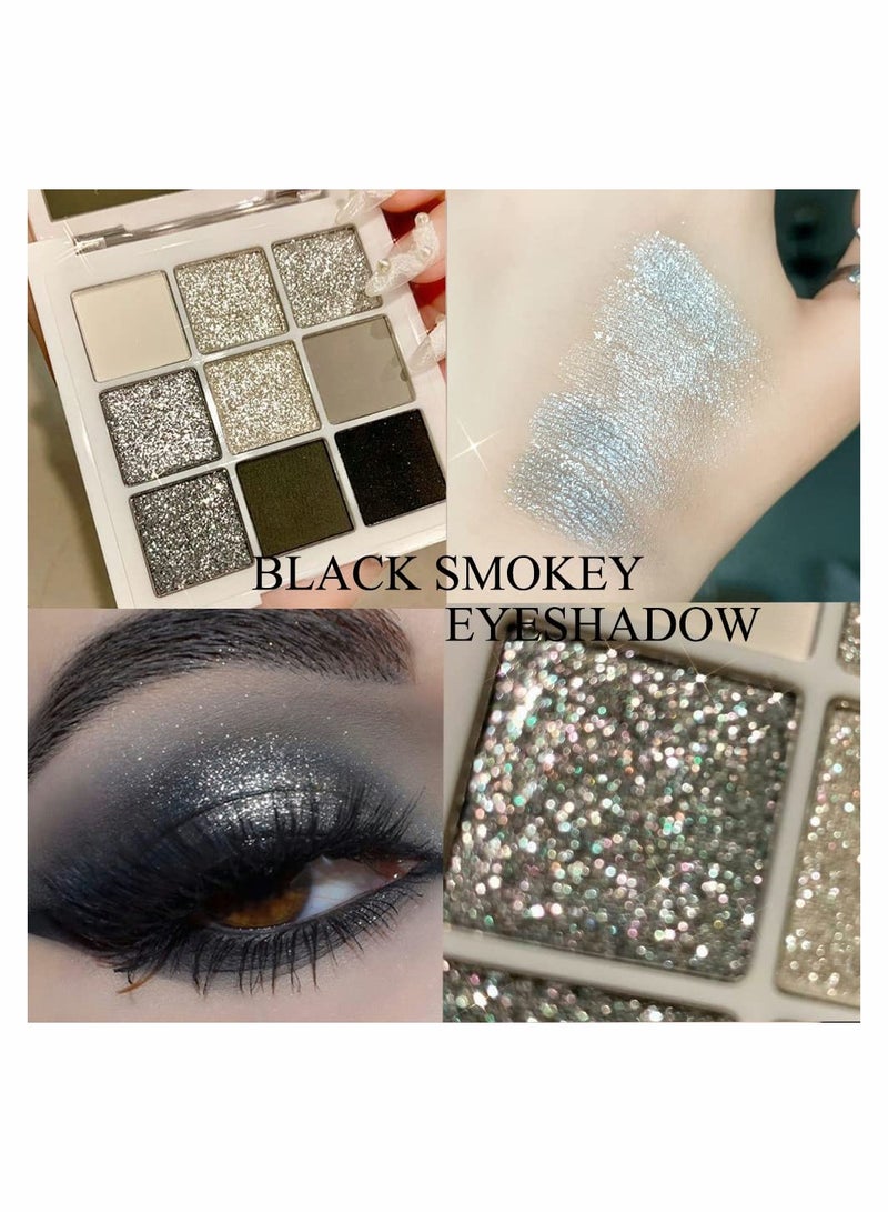 Black White Smokey Eyeshadow Palette, 9 Colors Matte Glitter Eyeshadow Makeup Palette Silver Gray Eye Shadow for Girls and Women, with Prism Mirror