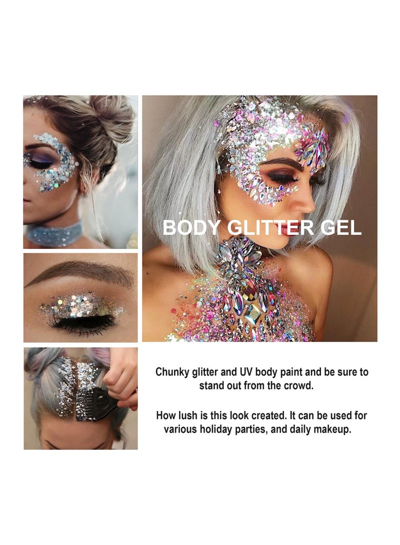 2 Bottle Mermaid Sequins Body Glitter Gel, Long Lasting Holographic Glitter Liquid Body Makeup for Women, Waterproof Face Glitter Gel Total