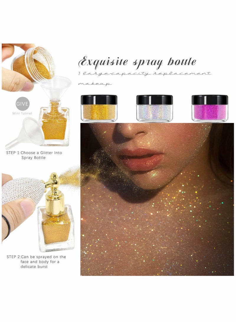 Body Glitter Spray,Sliver Gold Pink Glitter Powder,Shimmer Highlighter Loose Powder Glitter Makeup for Body Face Hair Clothes Nail Art Craft Design 3 Colors-with 1 Empty Spray Bottle