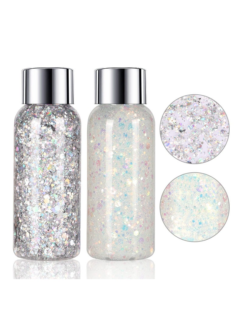 Body Glitter Gel, 2 Pcs Glitter Sequins Chunky Glitter Liquid Eyeshadow Long Lasting Glitter Shimmer Chunky Sequins Glitters for Hair Makeup Festival Party Carnival