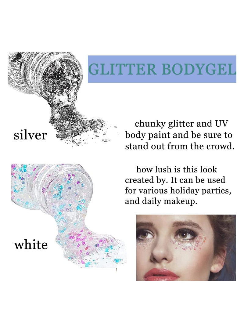 Body Glitter Gel, 2 Pcs Glitter Sequins Chunky Glitter Liquid Eyeshadow Long Lasting Glitter Shimmer Chunky Sequins Glitters for Hair Makeup Festival Party Carnival