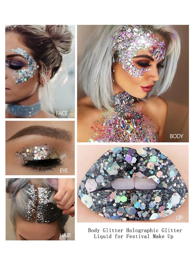 Body Glitter Gel, 2 Pcs Glitter Sequins Chunky Glitter Liquid Eyeshadow Long Lasting Glitter Shimmer Chunky Sequins Glitters for Hair Makeup Festival Party Carnival