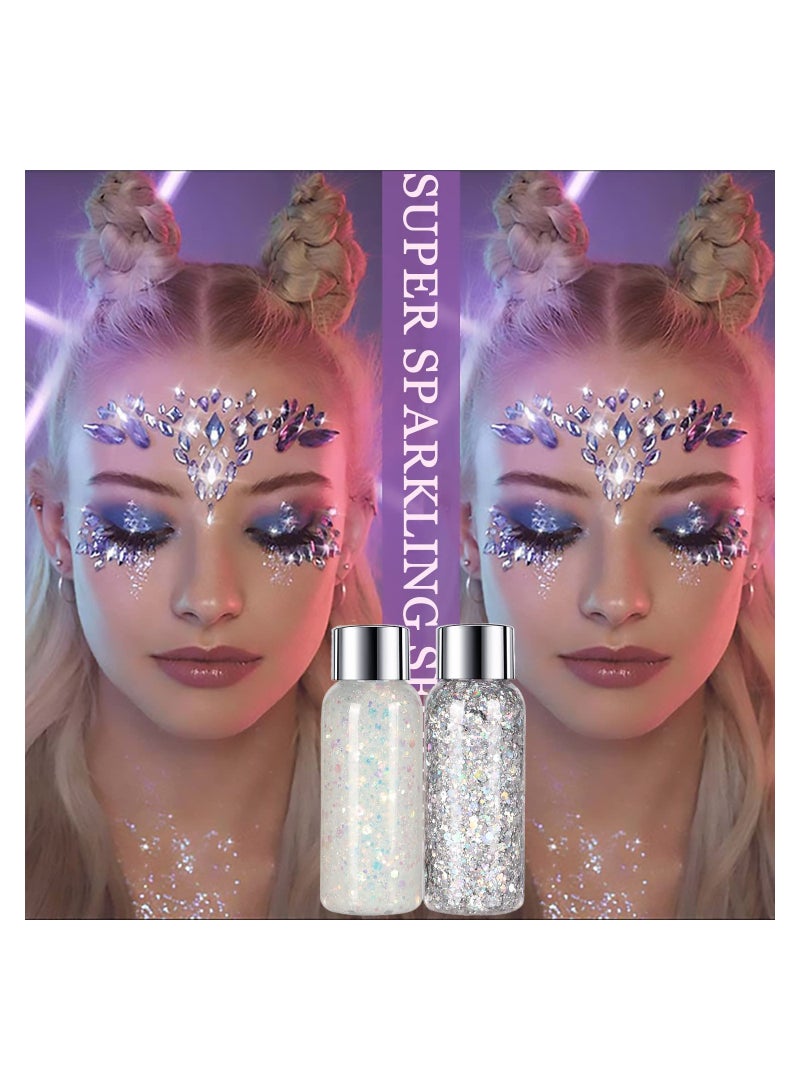 Body Glitter Gel, 2 Pcs Glitter Sequins Chunky Glitter Liquid Eyeshadow Long Lasting Glitter Shimmer Chunky Sequins Glitters for Hair Makeup Festival Party Carnival