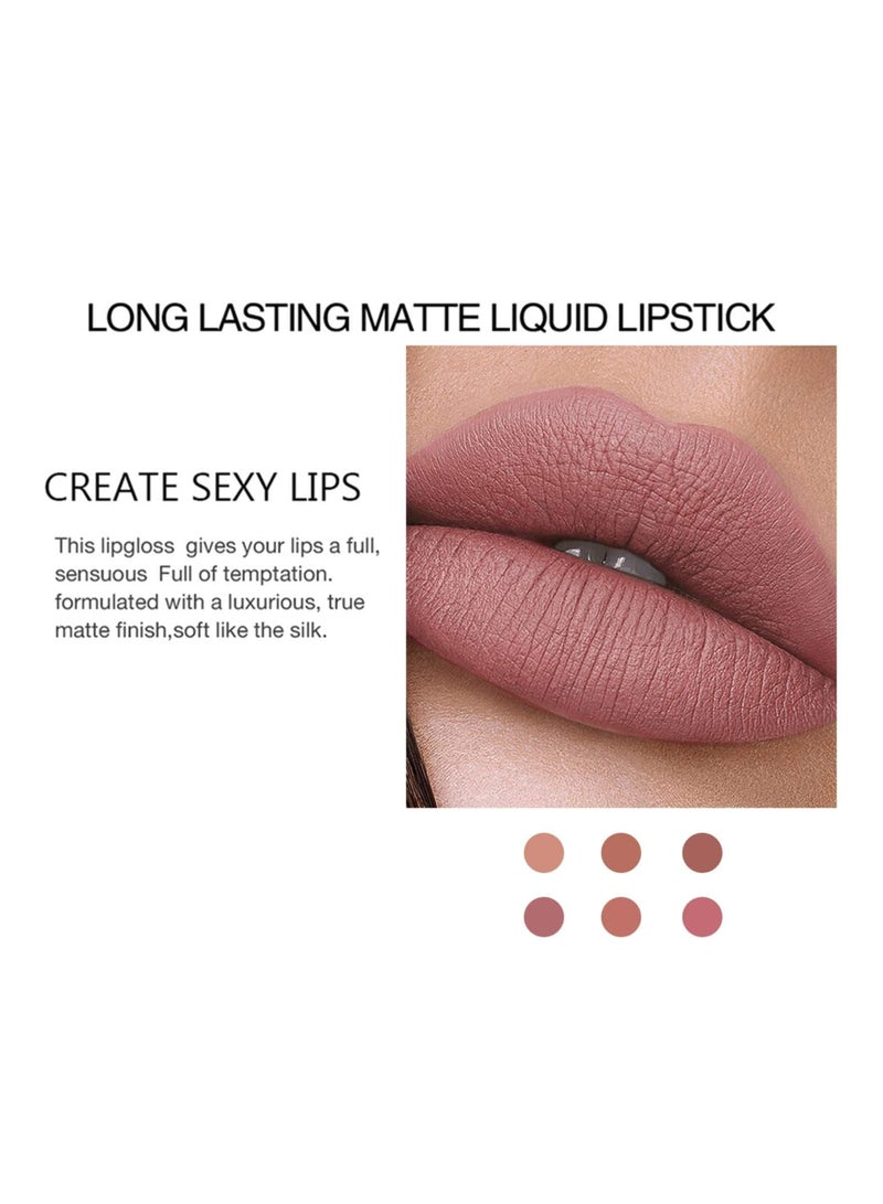 6 Pcs Nude Lipstick Set Matte Liquid Long Lasting Wear Non Stick Cup Not Fade Waterproof Lip Gloss Set for Women