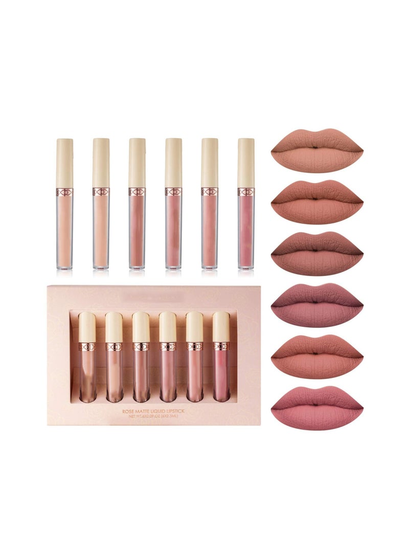 6 Pcs Nude Lipstick Set Matte Liquid Long Lasting Wear Non Stick Cup Not Fade Waterproof Lip Gloss Set for Women