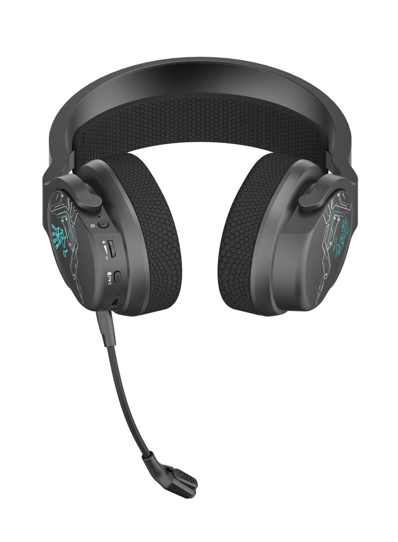 All-In-One Dual Mode Wireless Gaming Headset GR370, Connection Mode ① 2.4GHz Wireless ② Bluetooth v5.3 ③ 3.5mm Wired Audio, Noise Cancelling, 7-Color Backlit, Playtime 45H, 50mm Speaker, Sports Black