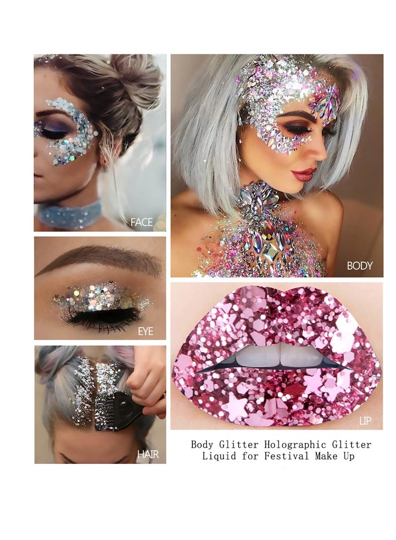 Body Glitter Gel, 2 Pcs Glitter Sequins Chunky Glitter Liquid Eyeshadow Long Lasting Glitter Shimmer Chunky Sequins Glitters for Hair Makeup Festival Party Carnival(Blue+Pink)