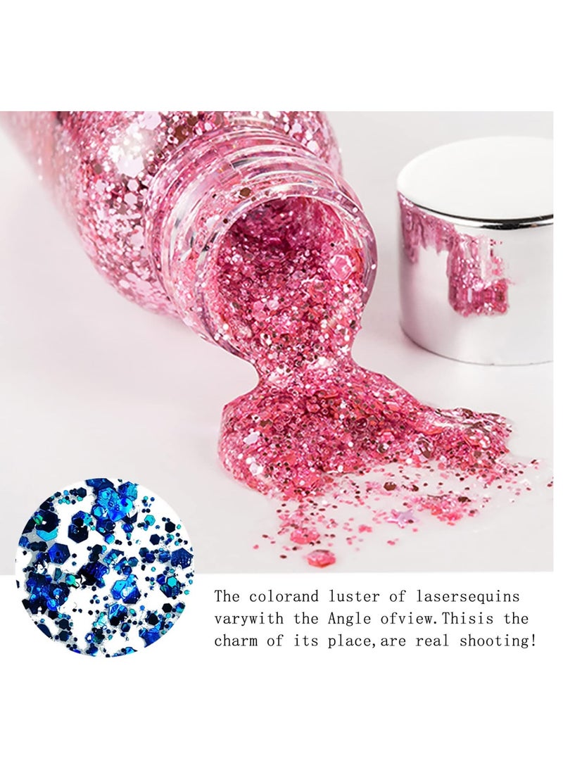 Body Glitter Gel, 2 Pcs Glitter Sequins Chunky Glitter Liquid Eyeshadow Long Lasting Glitter Shimmer Chunky Sequins Glitters for Hair Makeup Festival Party Carnival(Blue+Pink)