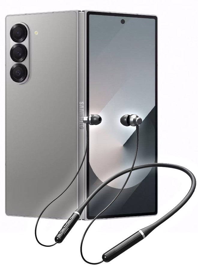 (for Samsung Galaxy Z Fold 6) Wireless Headphones Bluetooth V5.0 IPX5 Waterproof Magnetic Neckband Sport Earphones with Mic Black