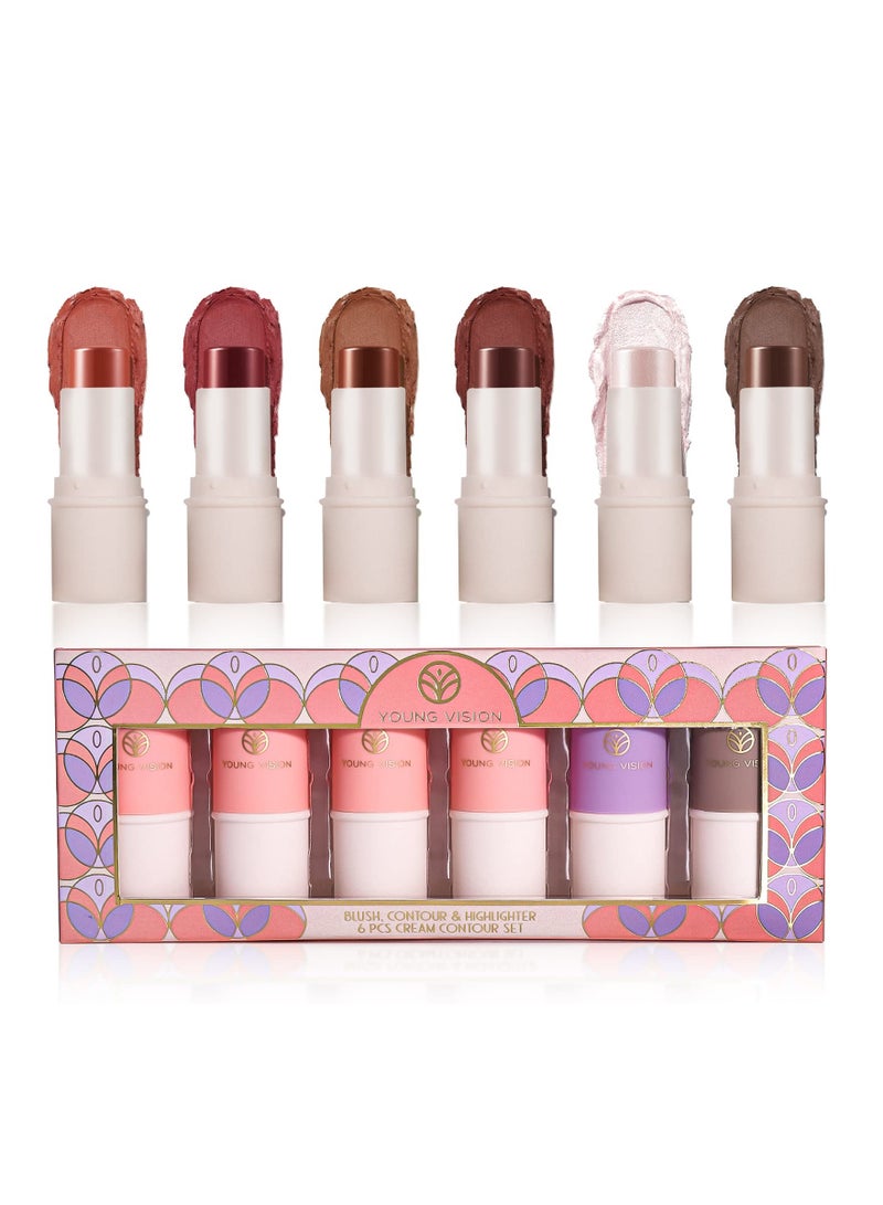 Cream Contour Sticks Collection, 6 Colors Face Blush, Bronzer and Highlighter Makeup Set, Putty Blush Palette, Blendable, Lightweight, Gift for Women or Girls