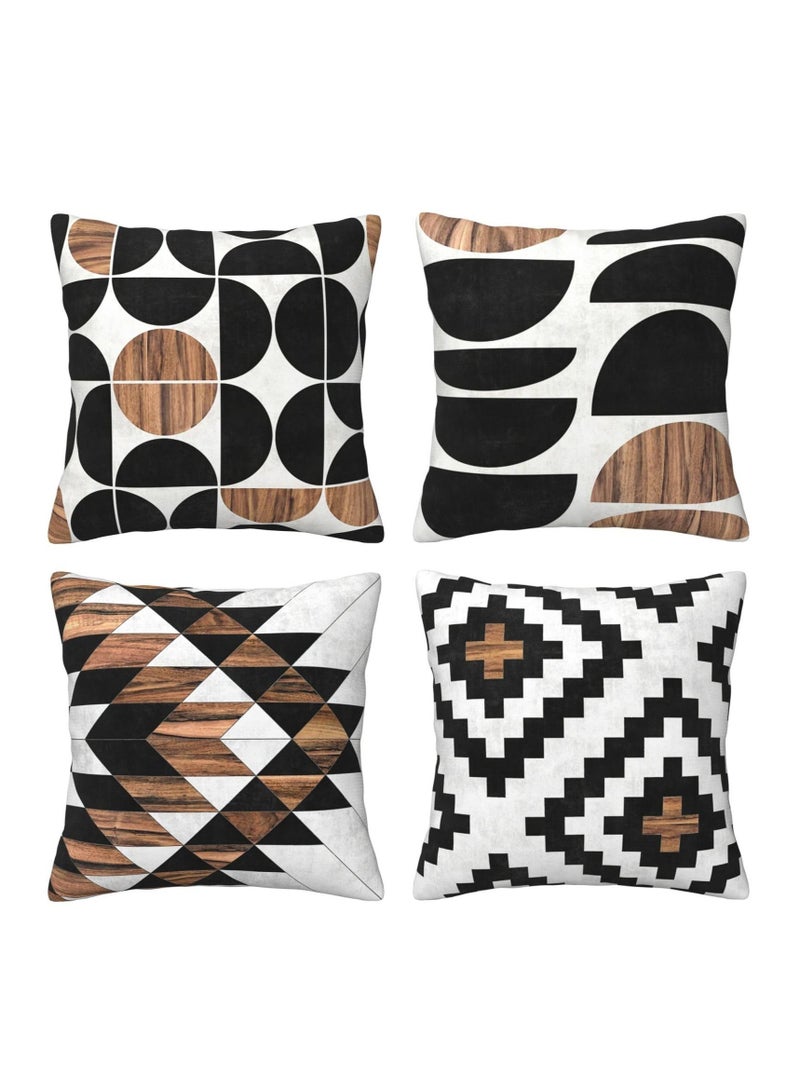 Mid Century Pillow Covers 18 x 18 Set of 4 Midcentury Modern Aztec Concrete Wood Pattern Throw Pillow Cover Black White Pillowcase Home Decor Cushion Covers