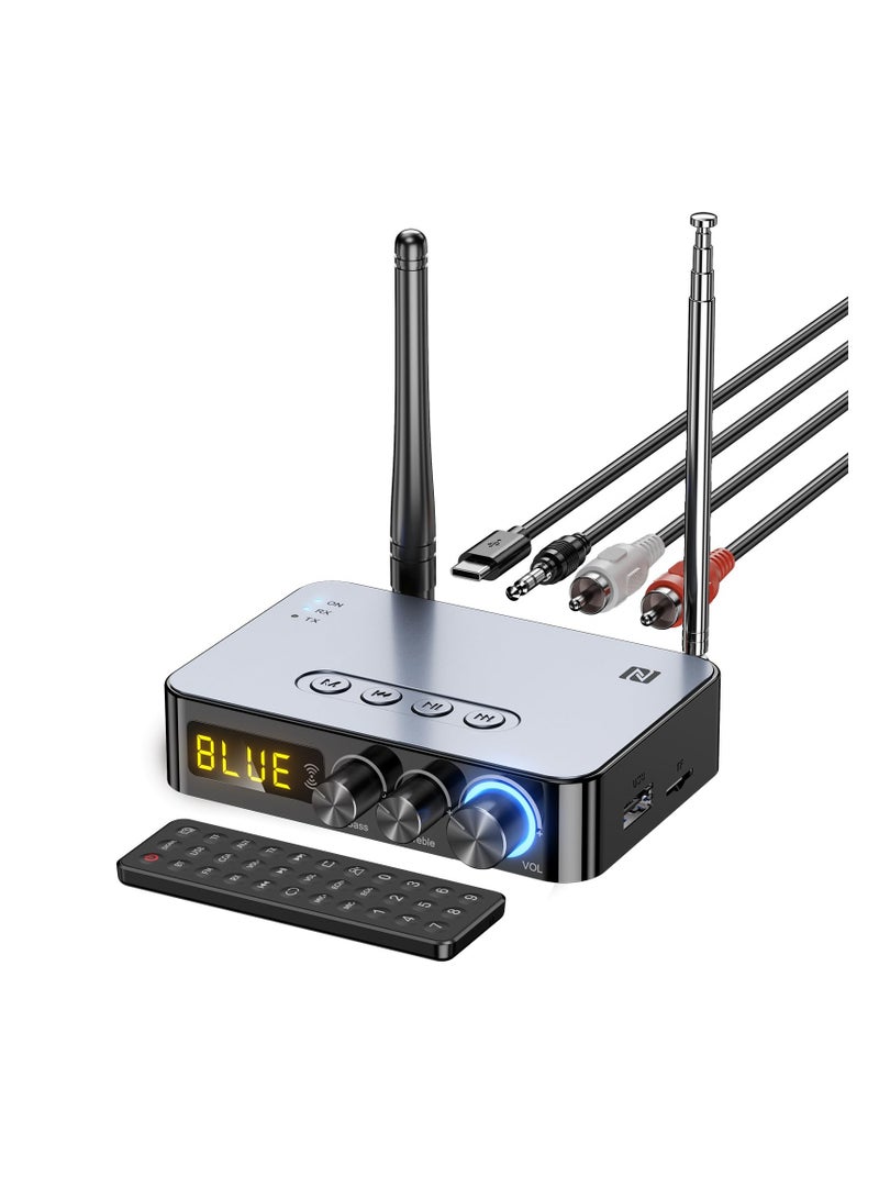 Bluetooth 5.1 Receiver for Home Stereo, 4-in-1 (with Remote) for Home Stereo TV, HiFi Wireless Audio Adapter with 3.5mm AUX, RCA, 6.5mm Mic Connection, FM Radio, Low Latency NFC Audio Adapter
