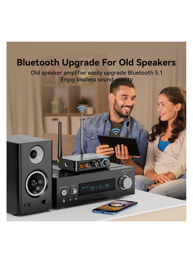Bluetooth 5.1 Receiver for Home Stereo, 4-in-1 (with Remote) for Home Stereo TV, HiFi Wireless Audio Adapter with 3.5mm AUX, RCA, 6.5mm Mic Connection, FM Radio, Low Latency NFC Audio Adapter