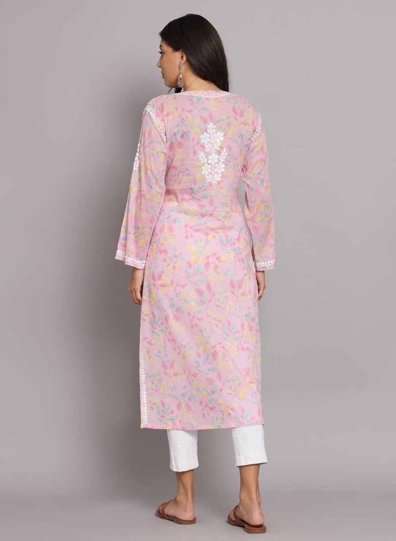 Hand Embroidered Chikan Printed Mulmul Straight Kurta-AL3680