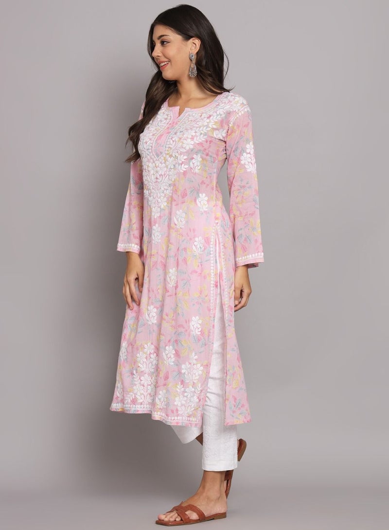 Hand Embroidered Chikan Printed Mulmul Straight Kurta-AL3680