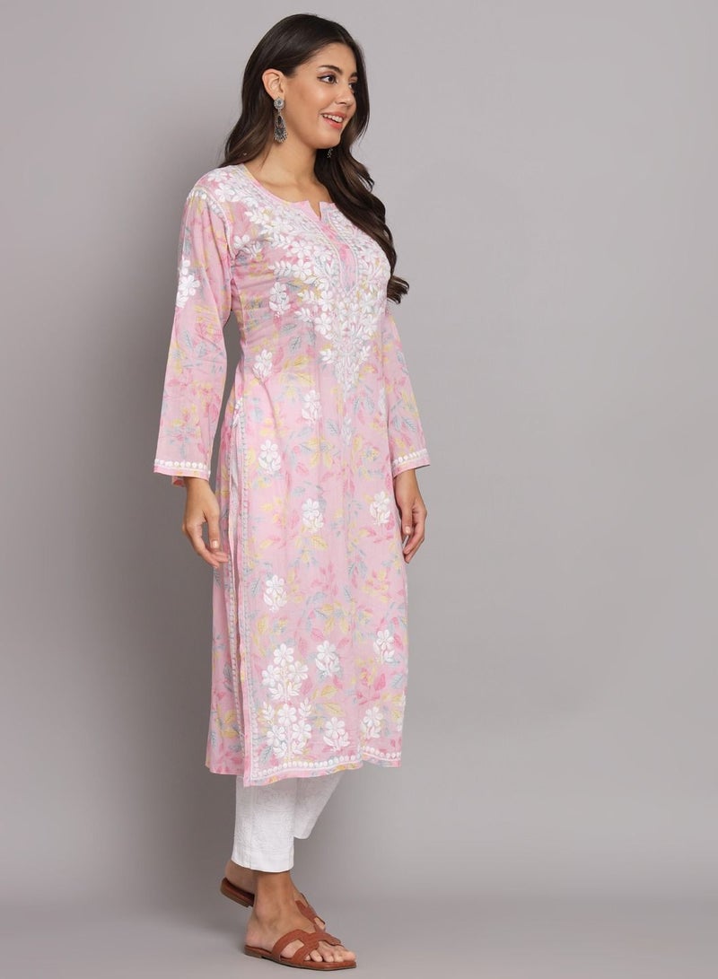 Hand Embroidered Chikan Printed Mulmul Straight Kurta-AL3680