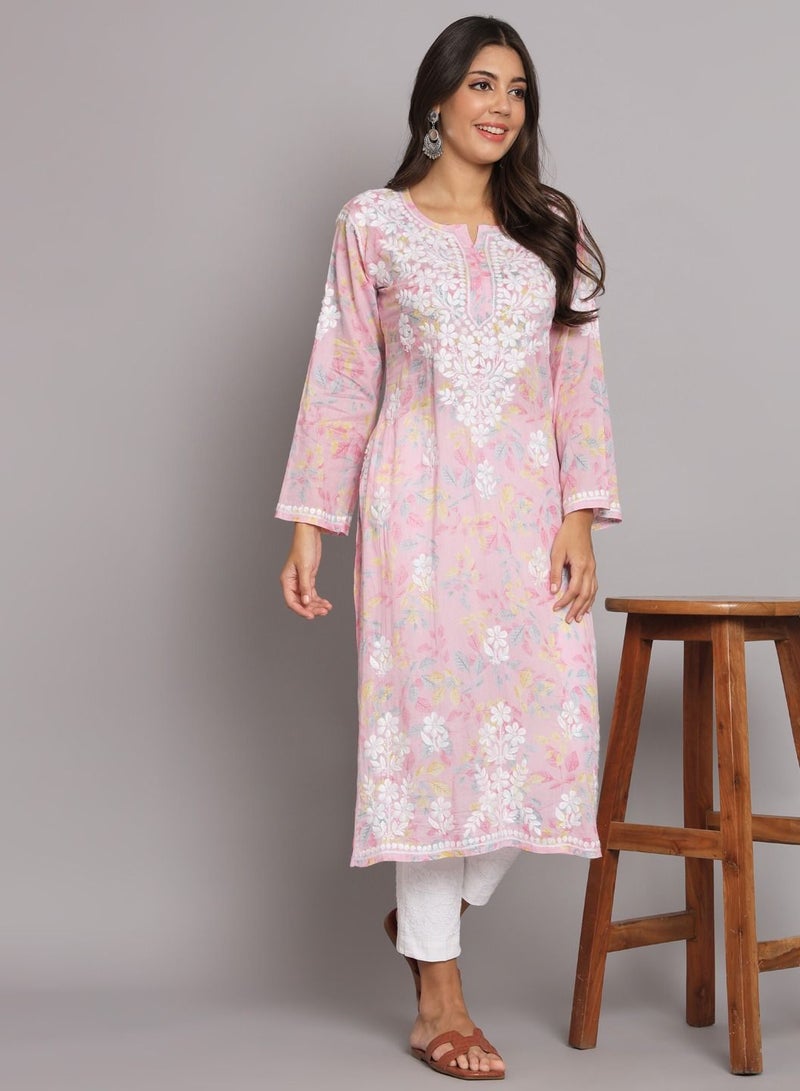 Hand Embroidered Chikan Printed Mulmul Straight Kurta-AL3680