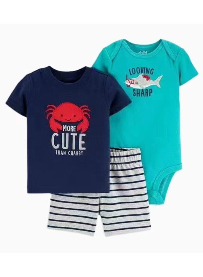 Spring and Summer Boys Climbing Clothes T-shirt Shorts Triangle Bodysuit Baby Boys Home Clothes 3-piece Set