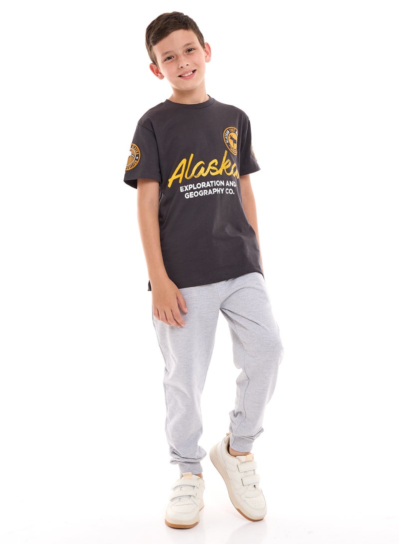 Boys' 2-Piece 100% Cotton T-Shirt & Jogger Set (6-12 Years) - Grey-Dark Grey