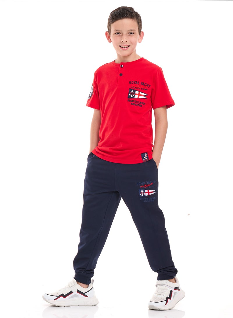 Victor and Jane Boys' 2-Piece T-Shirt & Jogger Set - Red - Navy