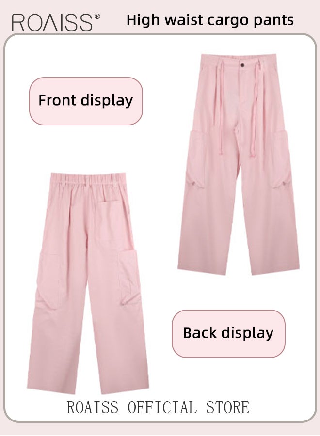 Utility Pants with Loose Fit for Women Comfy and Versatile Wide Leg Trousers with Elastic Waistband and Flowy Belt Women Casual Large Pocket Drawstring Overalls Chinos